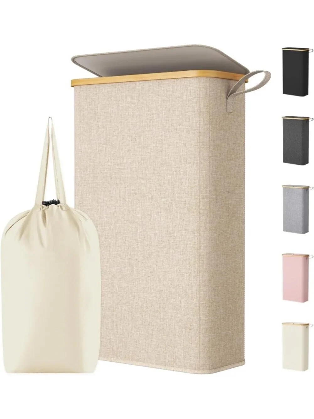 Slim 65L Laundry Hamper with Lid, Removable Bag & Bamboo Handles - Collapsible